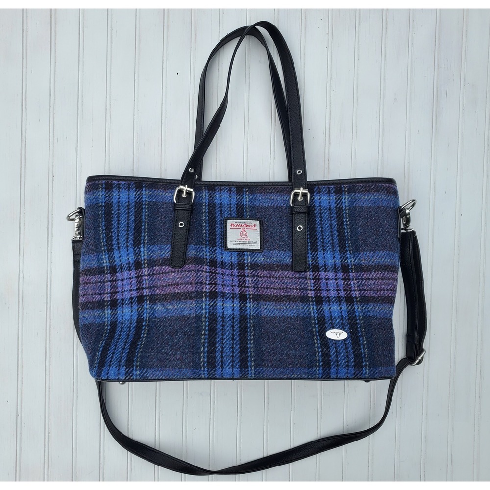 Glen Appin Harris Tweed Blue Plaid Wool Tote Bag Crossbody Handbag Scottish
